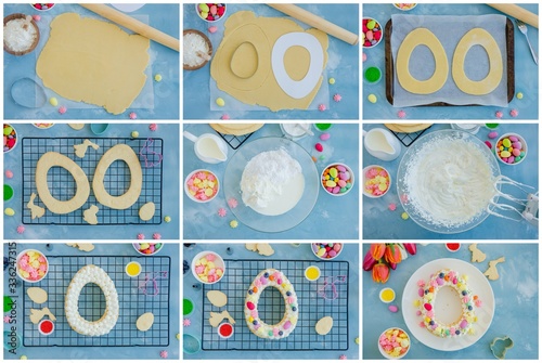 Collage. Recipe step by step making Easter cake egg shaped with cream, meringues, candy eggs, blueberries and sprinkles. Easter concept. Easter recipe.