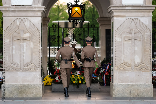 Honor guard at the tomb of the unknown soldier at the Pilsudski Square in Warsaw, Poland