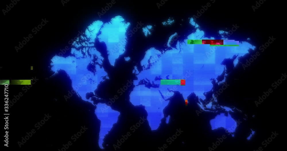 World map footage with glitch and noise. Technology visualization of a world map with electronic digital errors. Background for hacking and cyber security issues worldwide. Exploit visualization map