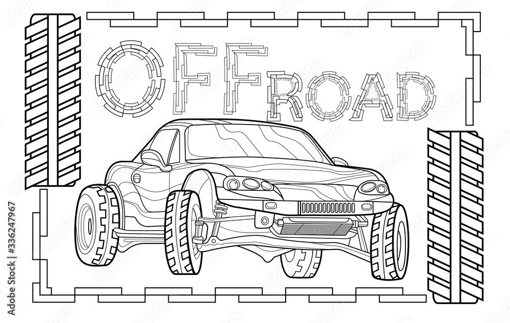 Coloring page set for book and drawing. Concept vector illustration. Offroad drive vehicle. Graphic element. Car wheel. Black contour sketch illustrate Isolated on white background.
