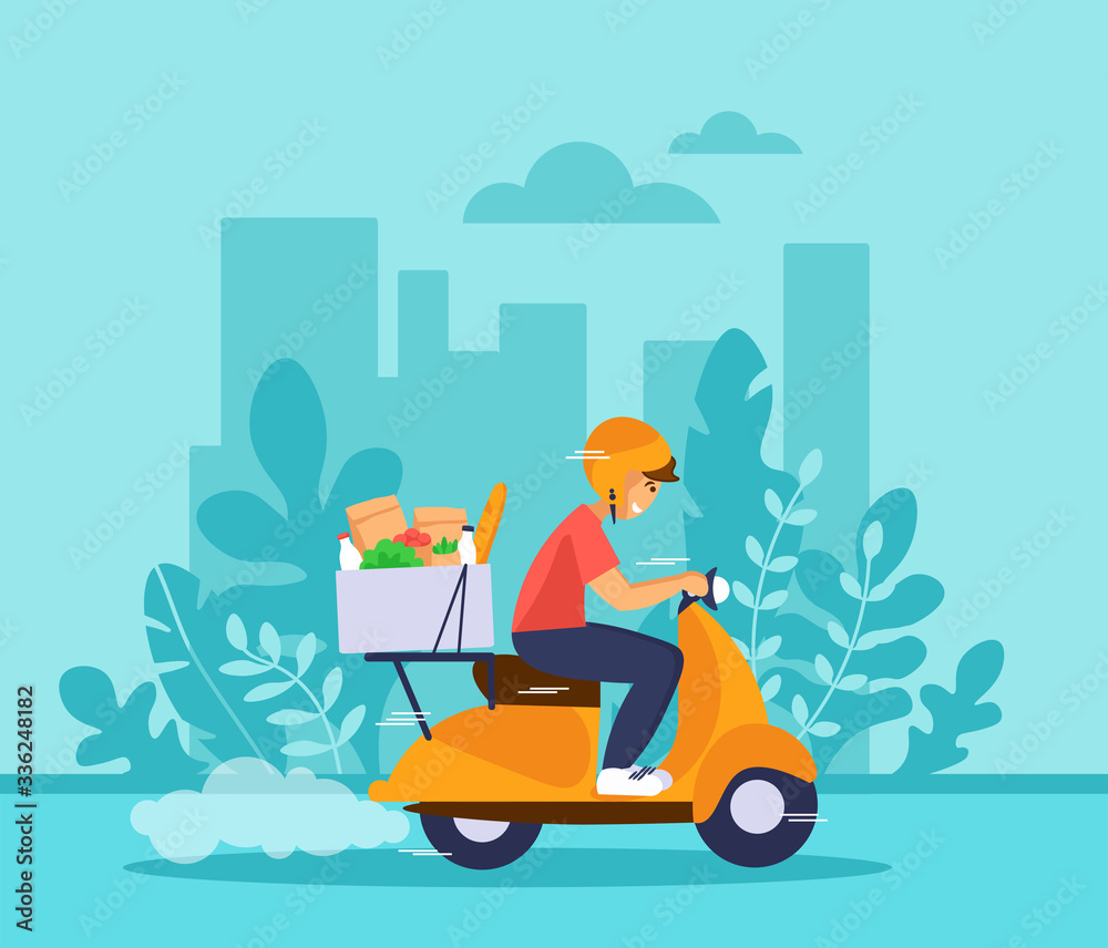 Young courier man riding on delivery scooter with food box. Grocery delivery vector concept