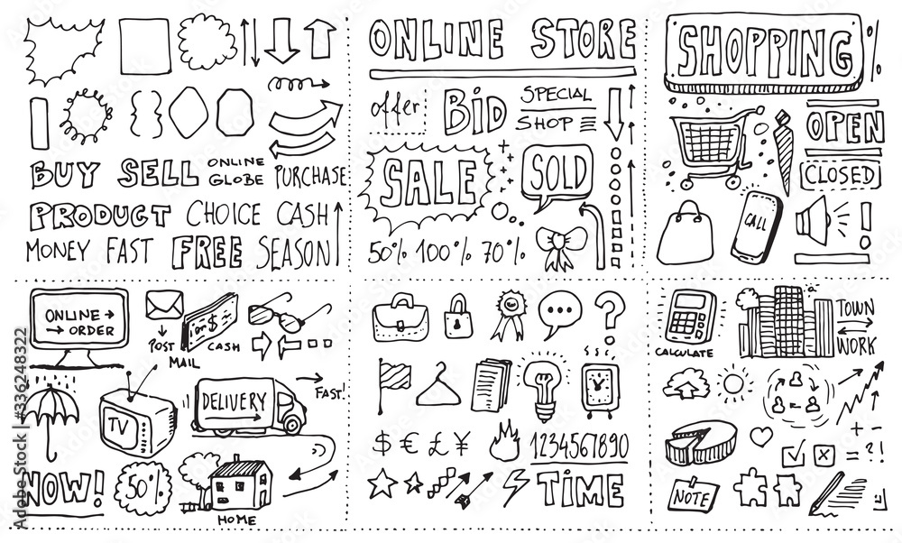 Online shopping commercial hand drawn doodle set
