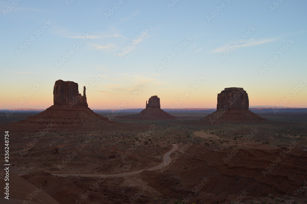Early evening over West and East Mitten Buttes in Utah's iconic Monument Valley. 