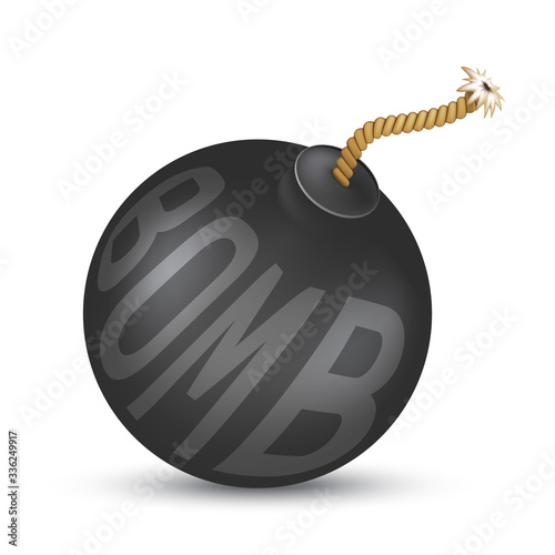 Black bomb with wick or fuse. Vector illustration of metal bombshell isolated on white background