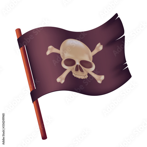 Black waving flag with image of human skull and crossed bones. Vector illustration of torn pirate banner on a wooden stick isolated on white background