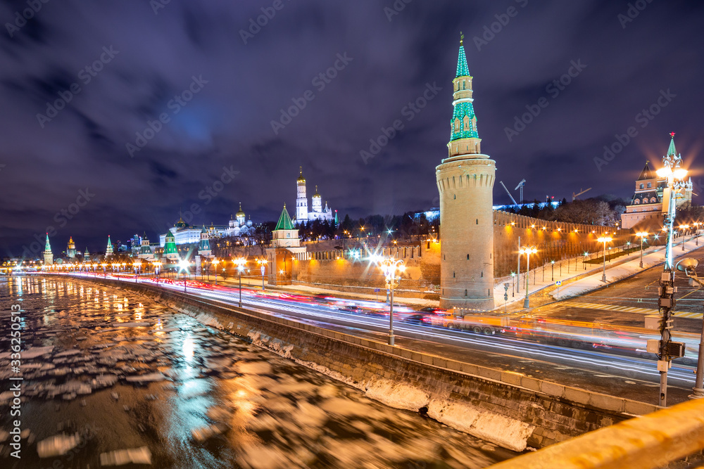 Moscow iconic landmark - Kremlin wall near Moskva river, by night, during winter
