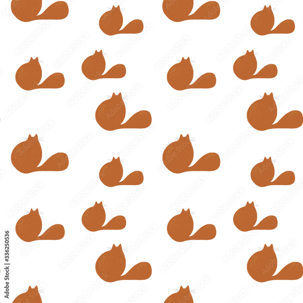 Seamless pattern red fat cat. Hand-drawn cat, character design on a white isolated background. Use in textiles, clothing, stationery, covers, wallpaper, logo, wrapping paper
