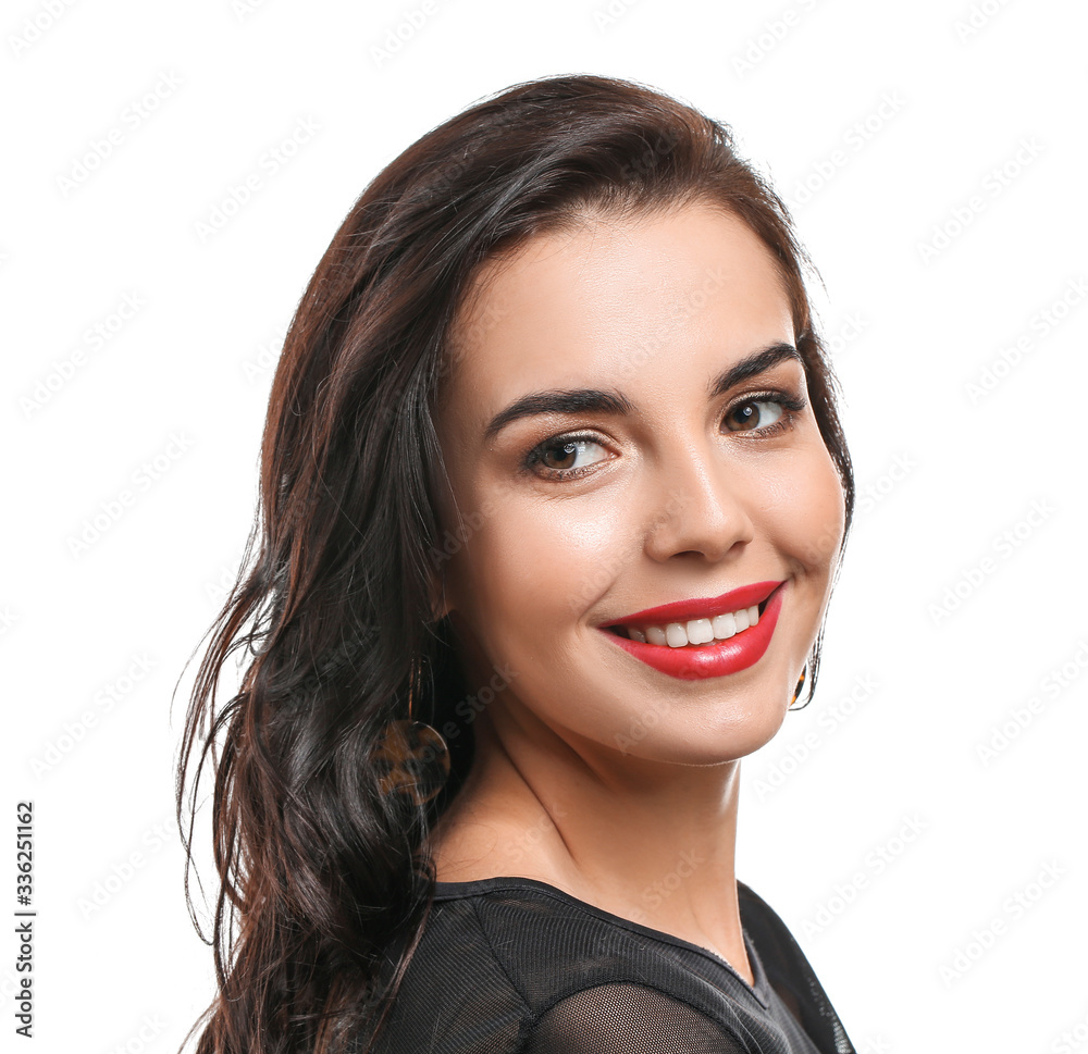 Young woman with beautiful makeup on white background Young woman with beautiful makeup on white background