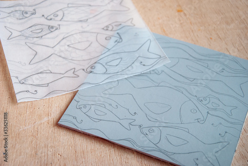 Quadro su tela Linocut preparation, drawing transfer trough a tracing paper