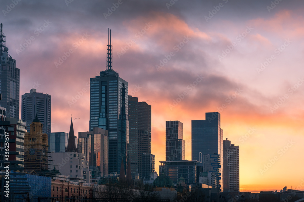 Melbourne cityscape at sunrise with Melbourne CBD skyscrapers