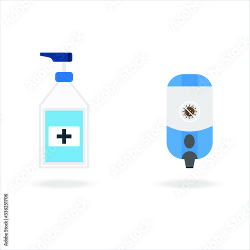 Hand sanitizers. Alcohol rub sanitizers kill most bacteria, fungi and stop some viruses such as coronavirus. Hygiene product. Sanitizer bottle and wall mounted container. Covid-19 spread prevention.