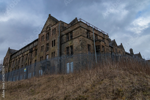 The remains of the abandoned Hartwood Hospital, a 19th century psychiatric hospital with imposing twin clock towers located in Scotland. Recent filming location for the new Batman movie 
