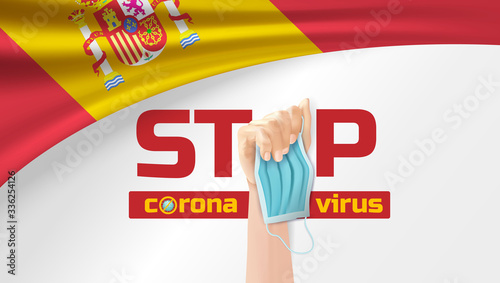 Stop covid-19. Stop corona virus. Protest with raised arm fist to stop Covid's disease. Cheers for doctors fighting COVID-19 disease in Spain. Covid-19 protection.mask Hand holding.