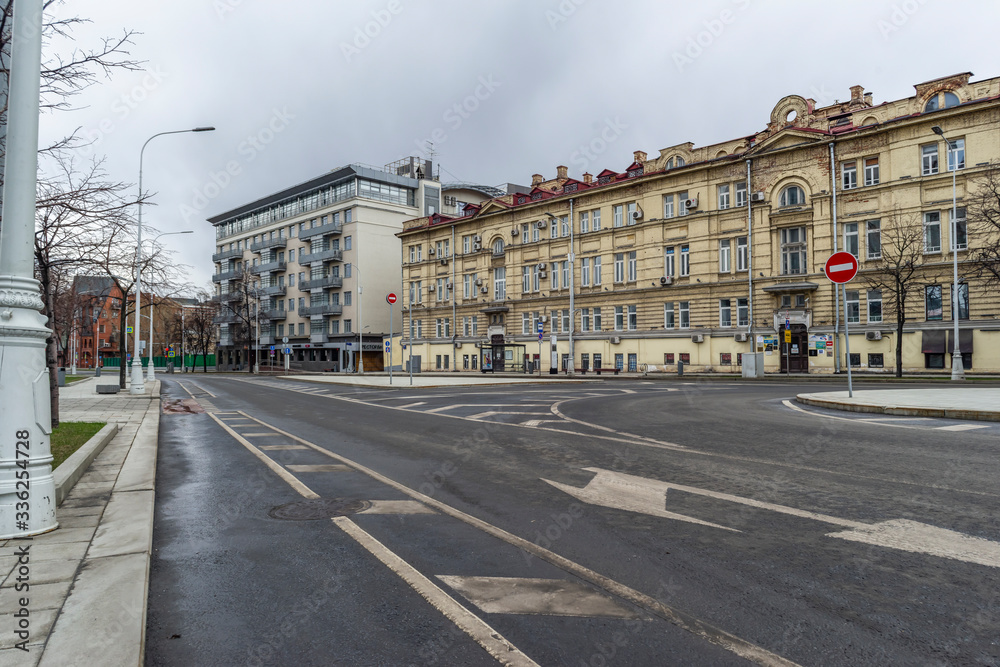 Moscow, Russia, April 5, 2020. Coronavirus Quarantine, Covid-19, in Moscow. Empty streets in the city center.