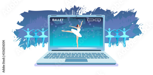 Online ballet productions banner. Virtual classic choreography in laptop isolated on white background. Live theatre performance Internet opera. Home leisure mobile devices. Web tickets Vector concept