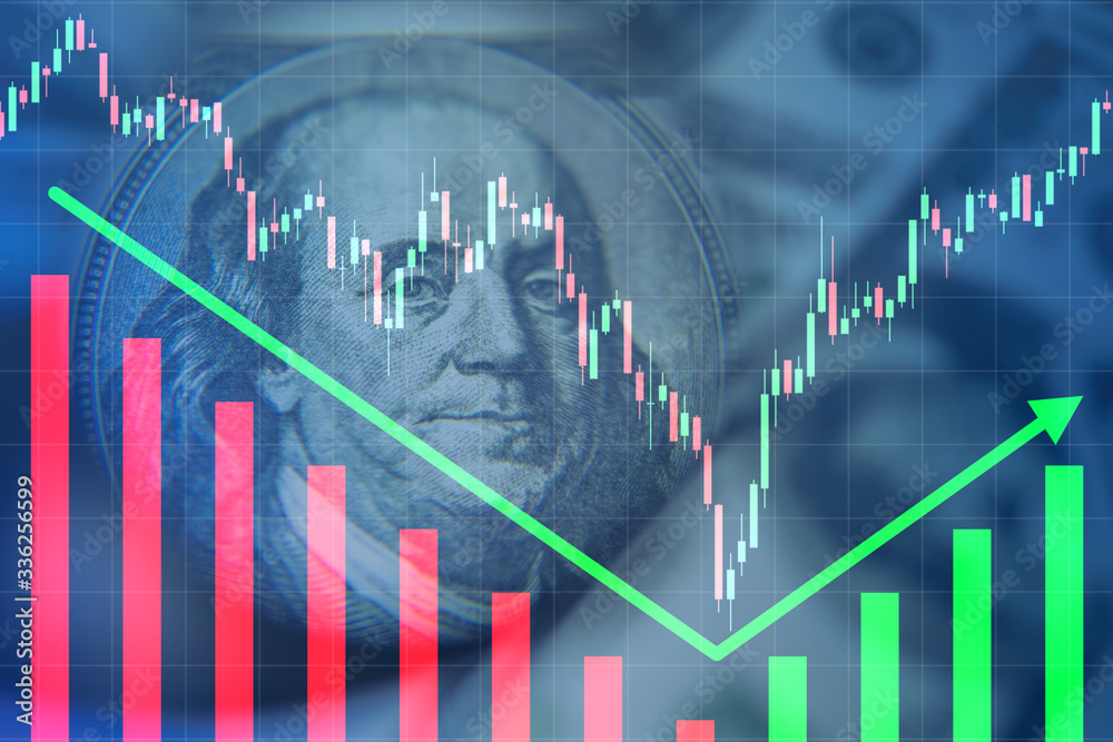 Rebound Franklin portrait as a symbol of financial market. Concept - Dead cat bounce. Charts depict growth after falling. Charts on a blue background. Rebound after stock price crash. Stock exchange Rebound Franklin portrait as a symbol of financial market. Concept - Dead cat bounce. Charts depict growth after falling. Charts on a blue background. Rebound after stock price crash. Stock exchange