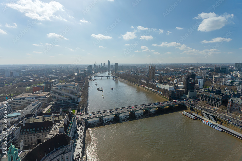 A panoramic aerial view of the Thames river at the Westminster Bridge crossing in London UK.