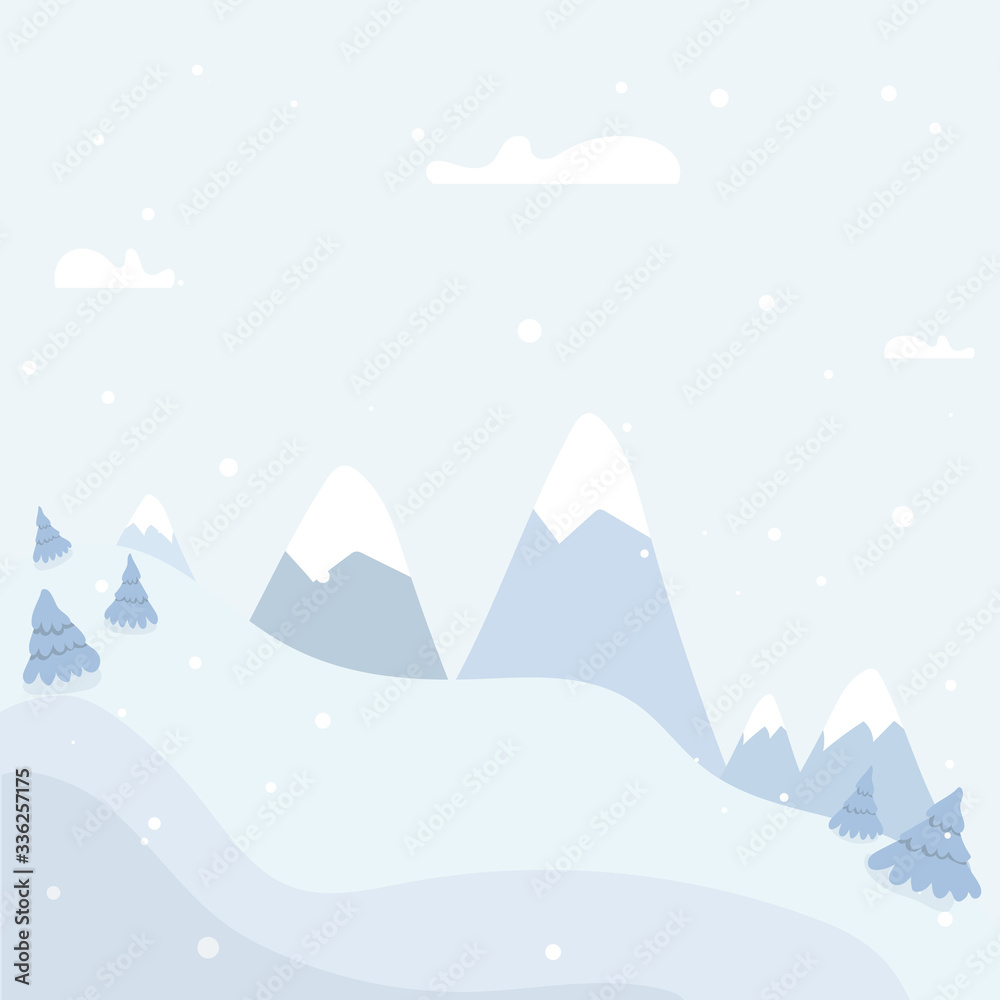 Winter Landscape Background with fir-trees and mountain. Stock vector illustration in flat design for Invitation, web banner, greetings card, social media and other winter related occasion.