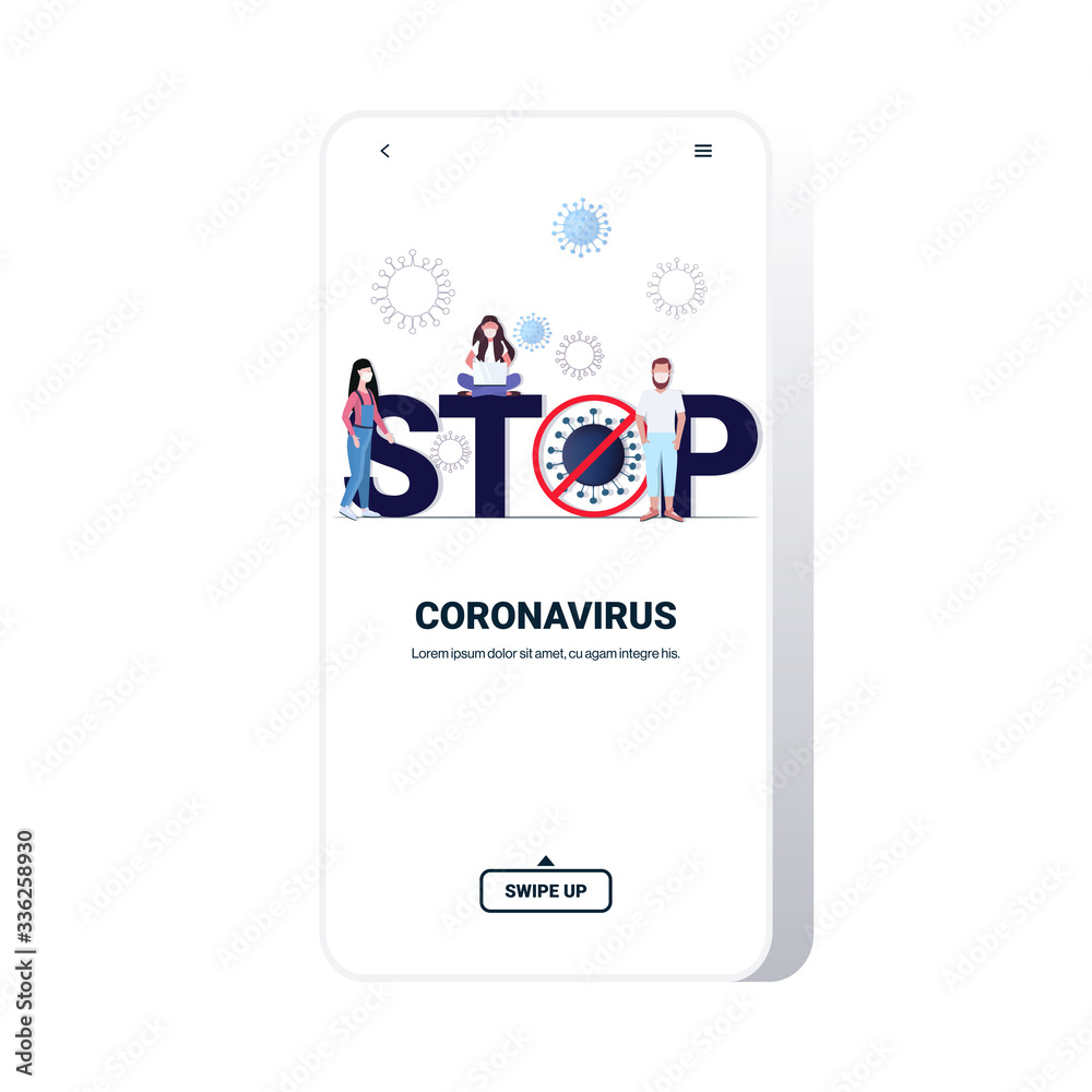 people wearing protective masks stop coronavirus pandemic quarantine spreading virus cells smartphone screen mobile app full length copy space vector illustration