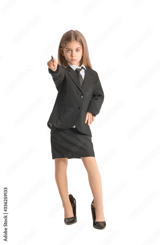 Little businesswoman pointing at viewer on white background