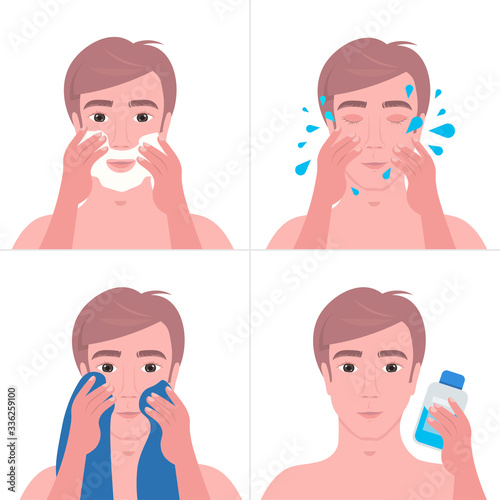 steps handsome man shaving with foam and cleaning face skin care concept portrait vector illustration