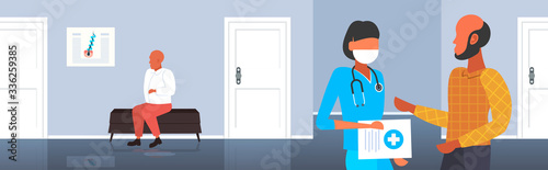 aesthetics doctor consulting balded man patient medical consultation baldness problem healthcare concept hospital interior horizontal portrait vector illustration