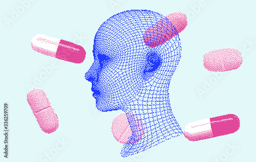 Wireframe of human head and pills around it. Conceptual illustration for  Coronavirus Disease 2019 (COVID-19) Quarantine.