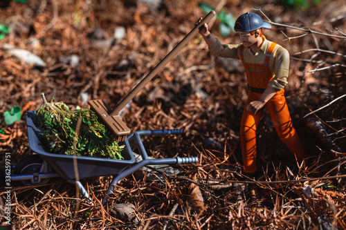 Worker is cleaning weed with wheelbarrow, shovel and broom.