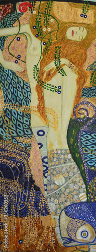 Nice painting of a young woman. On the motives of painting by Gustav Klimt. Water serpents 1. Oil on canvas 50x130 cm photo