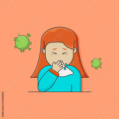 character women sneezing on a tissue with virus speard