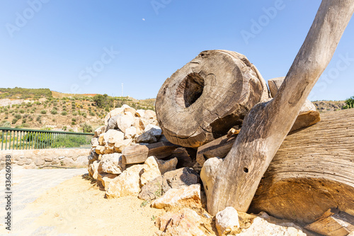 an oak wooden cannon symbol of the fighting spirit of La Peza people, Comarca de Guadix, province of Granada, Andalusia, Spain 