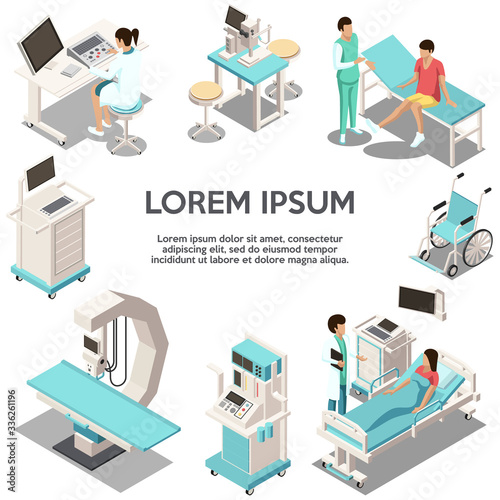 Isometric Concept Of Ambulance, Medical Research, Diagnosis And Treatment. Doctors Are Consulting Patients. Set Of Medical Equipment And Equipment For Rehabilitation. Cartoon Flat Vector Illustration