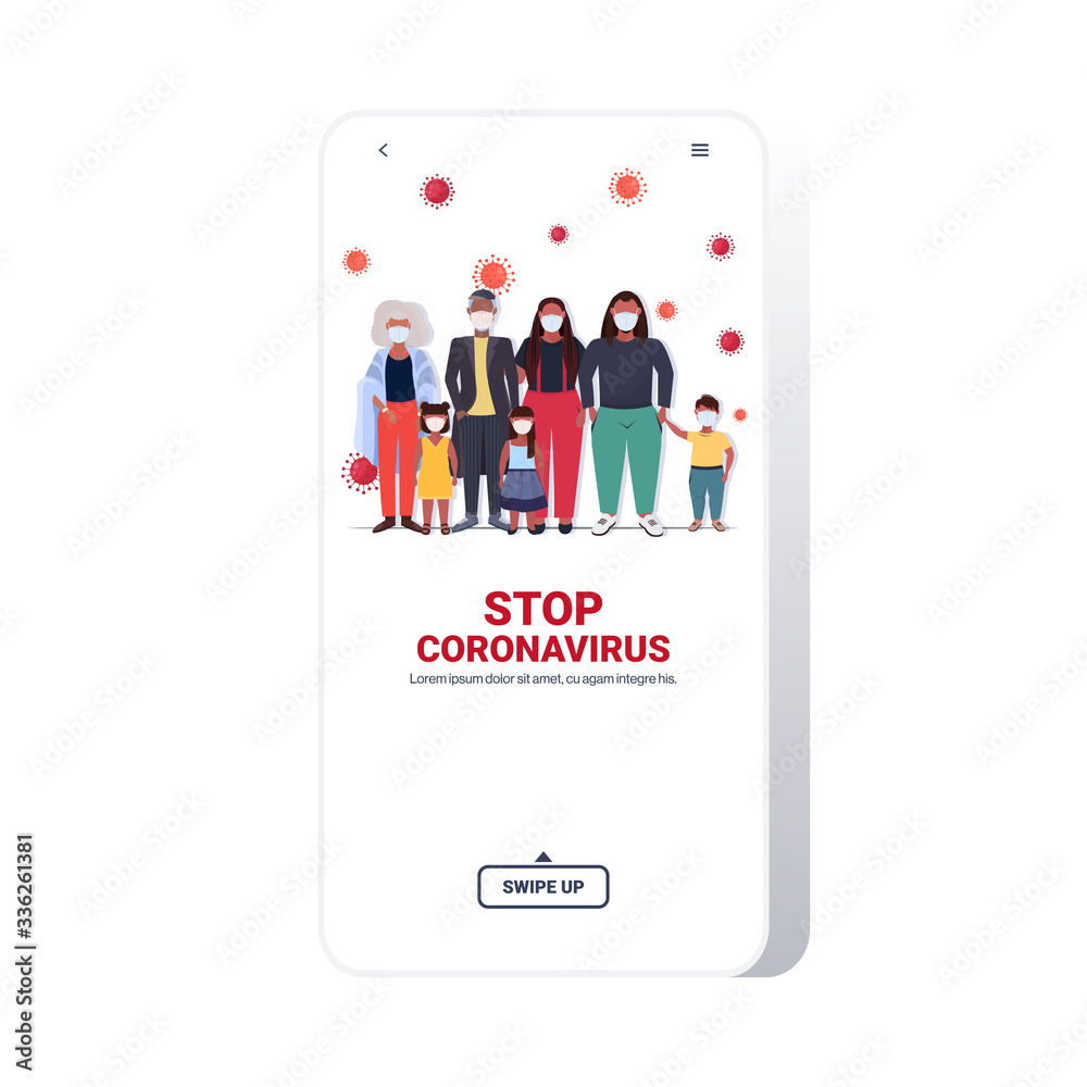 african american family in medical masks standing together stop coronavirus prevention 2019-nCoV quarantine concept smartphone screen mobile app full length copy space vector illustration african american family in medical masks standing together stop coronavirus prevention 2019-nCoV quarantine concept smartphone screen mobile app full length copy space vector illustration