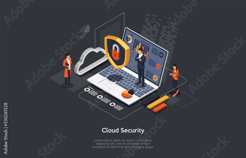 Isometric Cloud Security Technology, Digital Padlock Concept. People Provide Protection Of Data, Cloud Services Of Hacker Attacks. Big Laptop With Business People, Infographic. 3D Vector Illustration