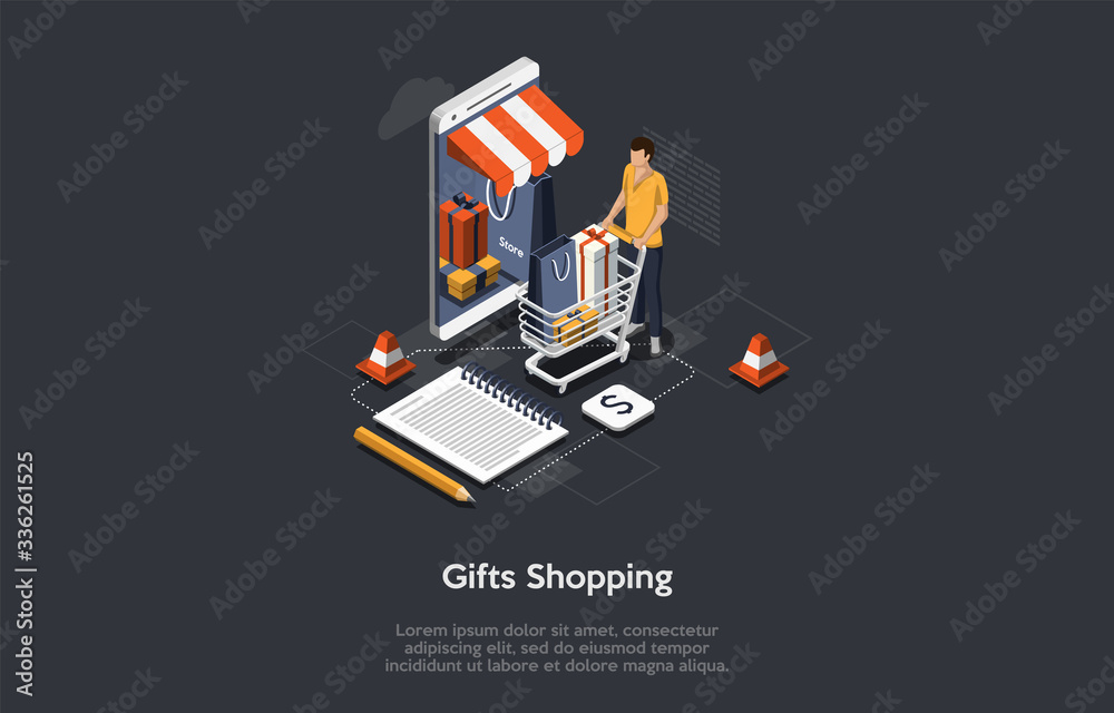 Isometric Online Shopping Concept. Male Character Customer Order And Buy Gifts Online By Means Mobile App. Mobile Phone Represents of Front of Store. Online Mobile Gift Purchase. Vector Illustration Isometric Online Shopping Concept. Male Character Customer Order And Buy Gifts Online By Means Mobile App. Mobile Phone Represents of Front of Store. Online Mobile Gift Purchase. Vector Illustration