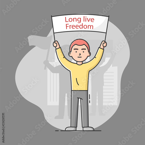 Mass Protest Action Concept. Dissatisfied Young Man Is Complaining And Taking Part In Strike, Holding Big Protest Banner With Long Live Freedom Sign. Cartoon Linear Outline Flat Vector Illustration