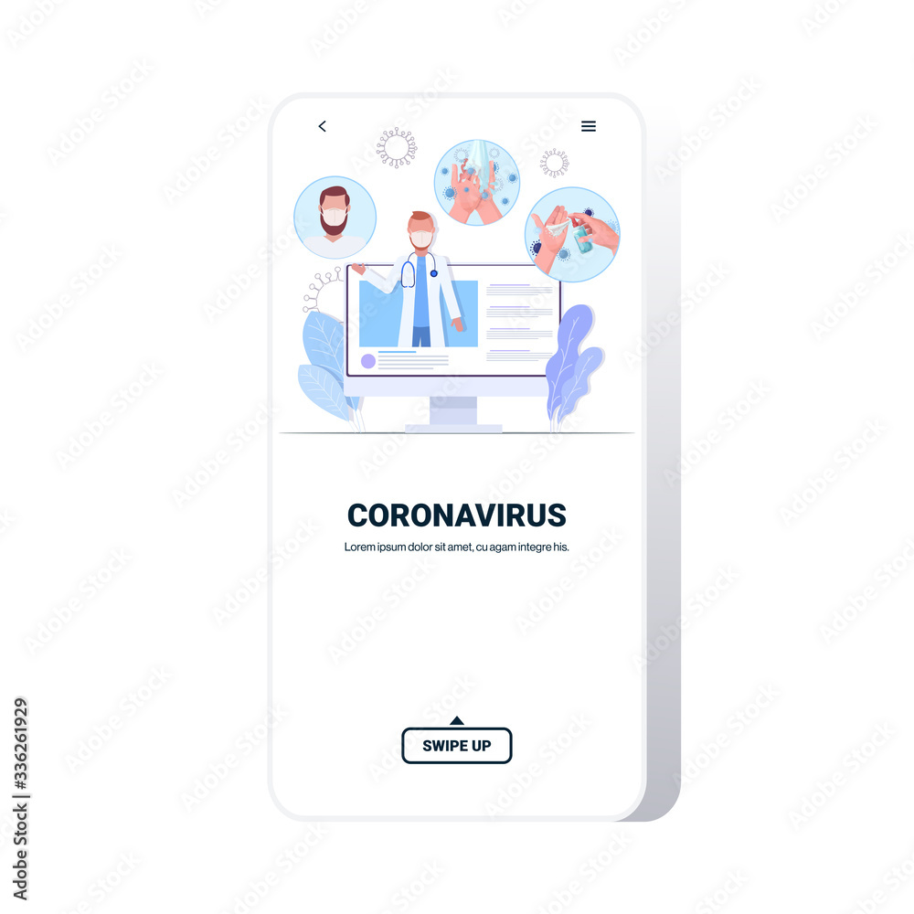 doctor in protective mask giving basic protective measures against coronavirus online consultation healthcare concept smartphone screen mobile app copy space vector illustration doctor in protective mask giving basic protective measures against coronavirus online consultation healthcare concept smartphone screen mobile app copy space vector illustration