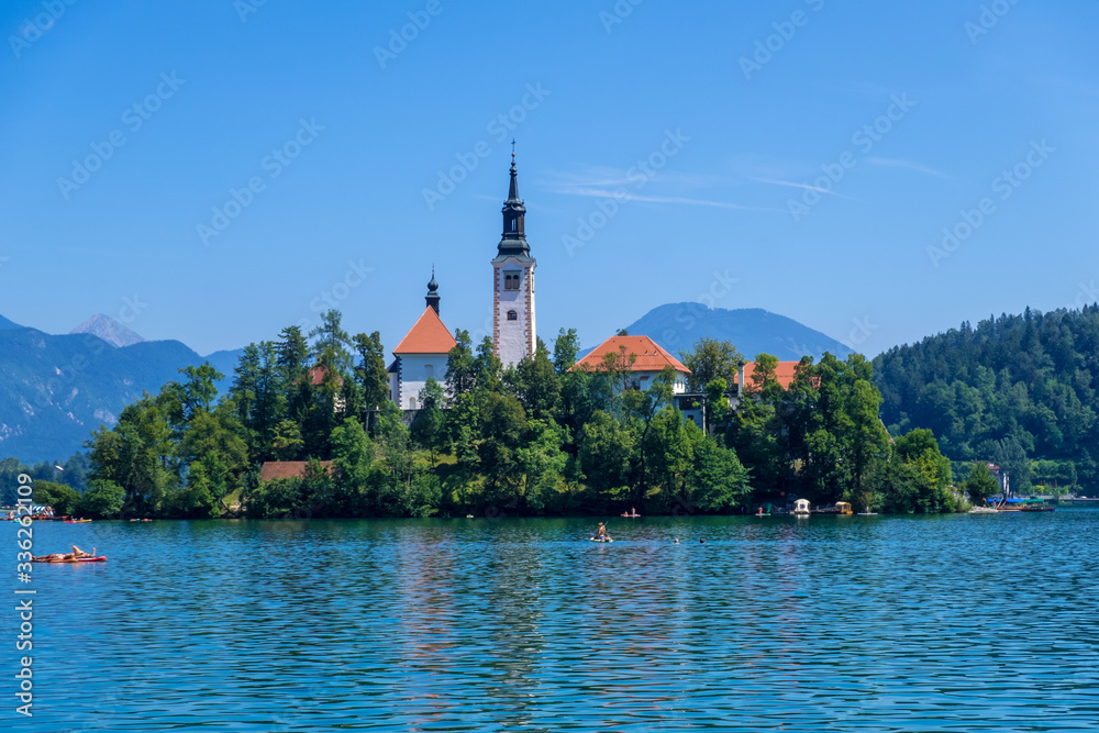 Amazing view on Bled Lake with church on a small island, Slovenia Amazing view on Bled Lake with church on a small island, Slovenia