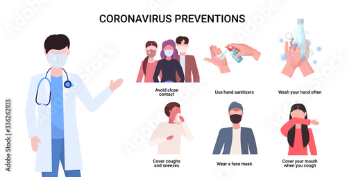 doctor explaining basic protective measures coronavirus prevention protect yourself from 2019-nCoV healthcare concept important information guidance to stay healthy horizontal vector illustration