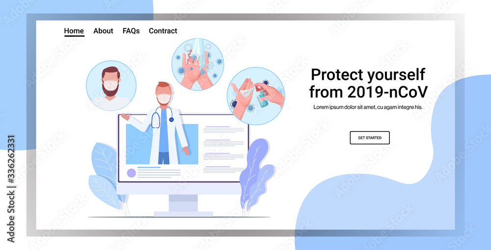 doctor in protective mask giving basic protective measures against coronavirus online consultation healthcare concept horizontal copy space vector illustration