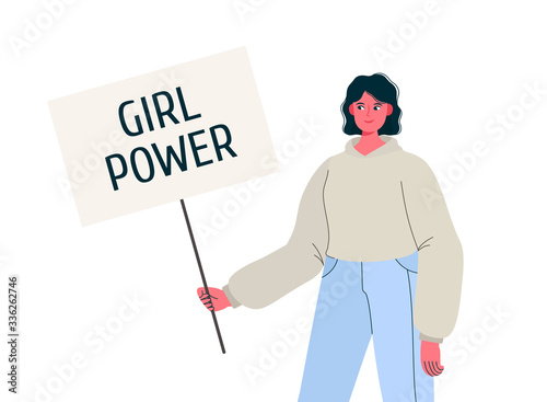 Young woman holding banner or placard with phrase girl power. Feminists social movement. Organized activity for women rights and interests, equality of sexes campaign. Vector flat cartoon illustration