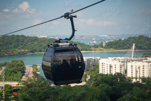 Photography Cable Car overlooking Sentosa Island, Singapore, with beaches, canopy of trees a