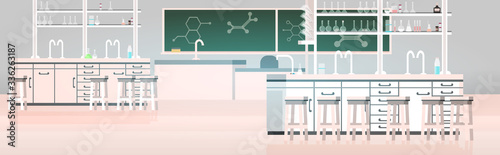 laboratory chemical in science classroom interior of university college empty no people lab with furniture horizontal vector illustration