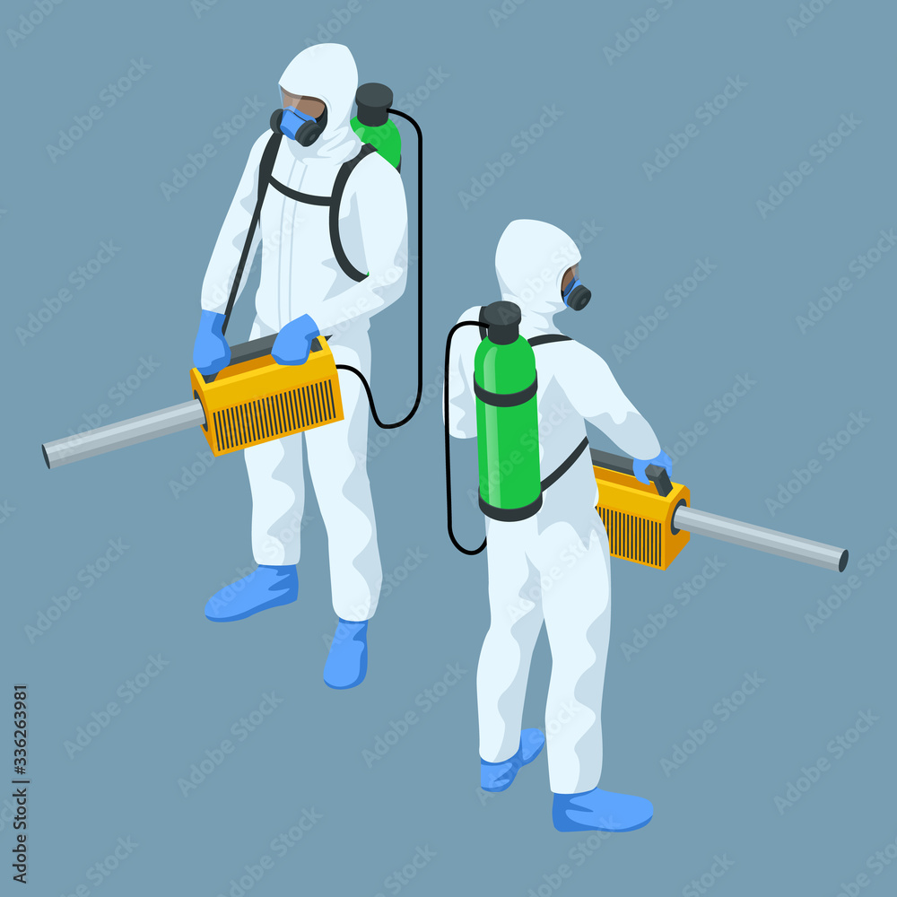 Isometric man in a white suit disinfects the street with a spray gun. Virus pandemic COVID-19. Prevention against Coronavirus disease COVID-19.