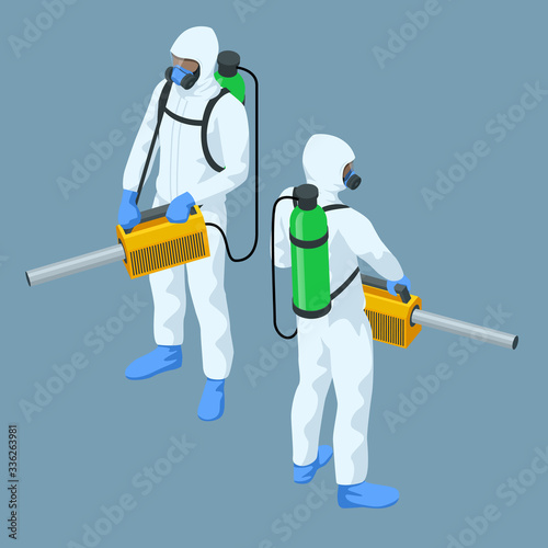 Isometric man in a white suit disinfects the street with a spray gun. Virus pandemic COVID-19. Prevention against Coronavirus disease COVID-19.