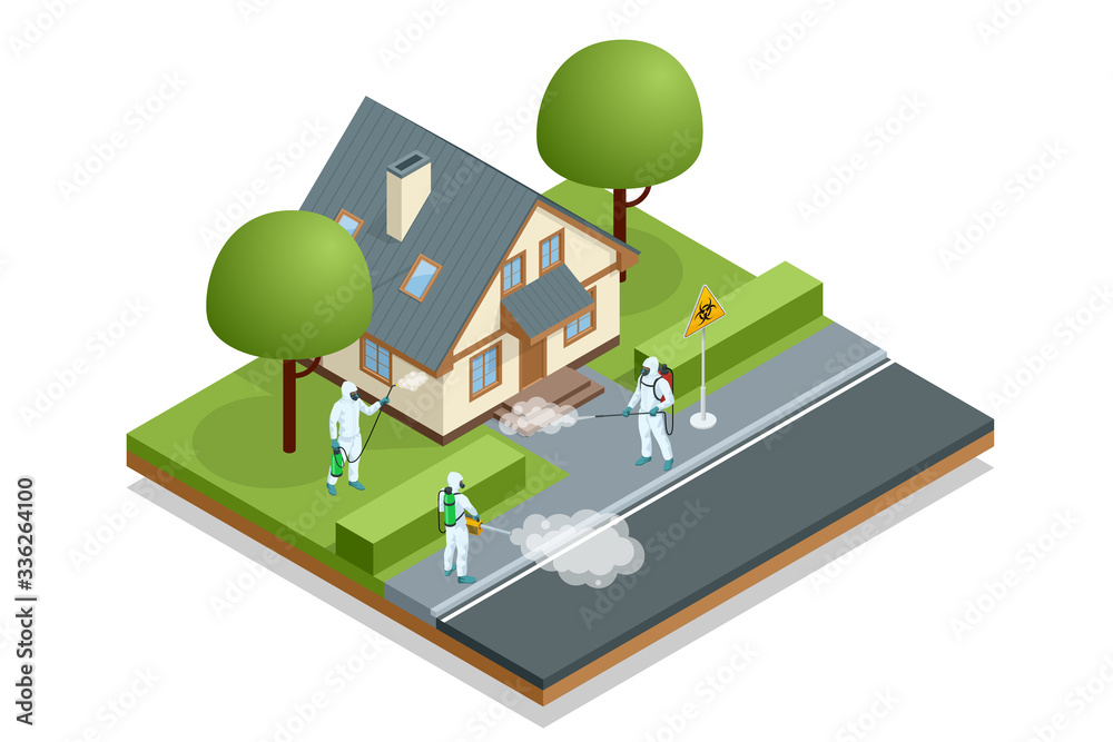 Isometric man in a white suit disinfects the street with a spray gun. Virus pandemic COVID-19. Prevention against Coronavirus disease COVID-19. Isometric man in a white suit disinfects the street with a spray gun. Virus pandemic COVID-19. Prevention against Coronavirus disease COVID-19.
