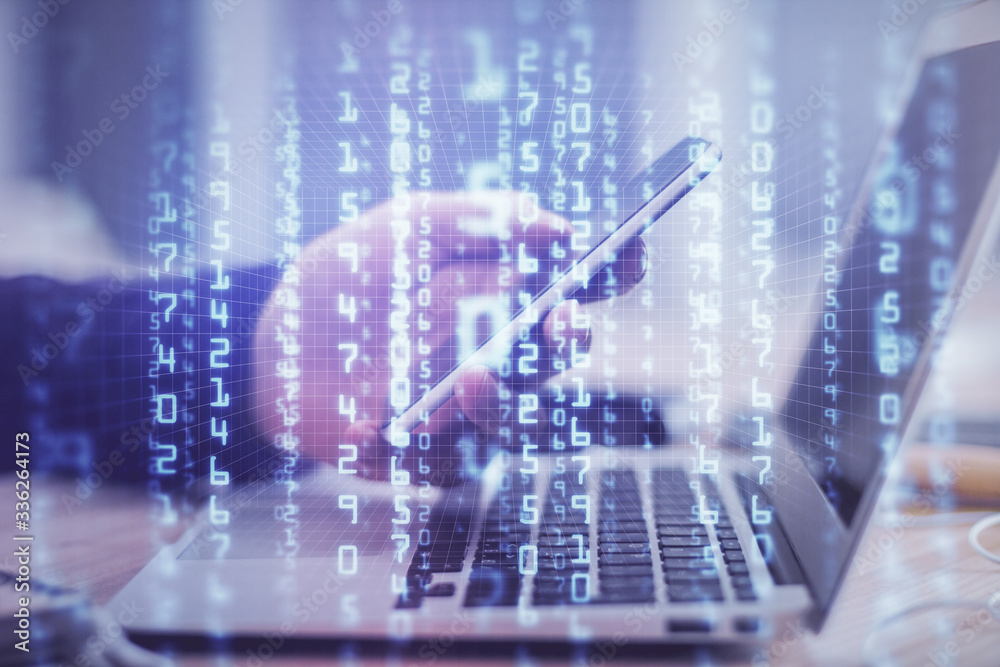 Multi exposure of man's hands holding and using a digital device and data theme drawing. Innovation concept. Multi exposure of man's hands holding and using a digital device and data theme drawing. Innovation concept.