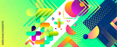 Bright juicy colors background with geometric elements, lines and dots