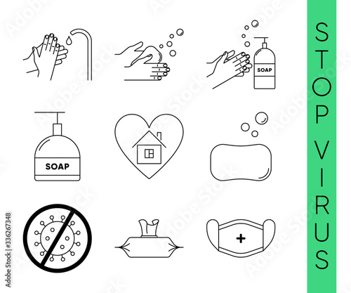Virus protection vector icons set. Stop covid-19 measures. Wash hands, disinfection, stay home and quarantine rules.