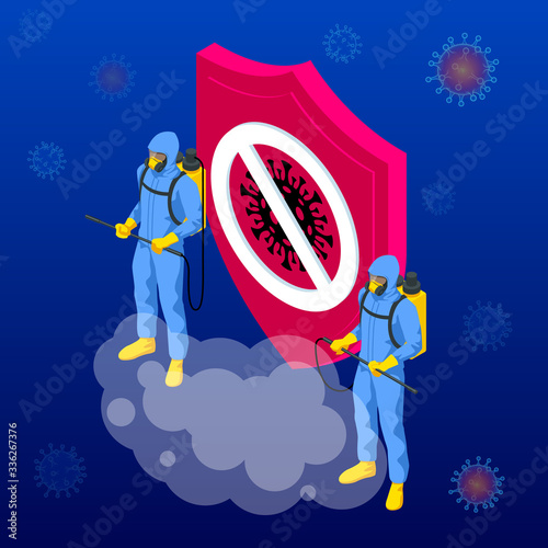 Isometric man in a white suit disinfects the street with a spray gun. Virus pandemic COVID-19. Prevention against Coronavirus disease COVID-19.